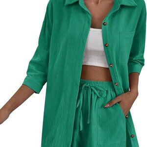 100% Cotton Linen Green Button Down Shirt & Short Set - Size M